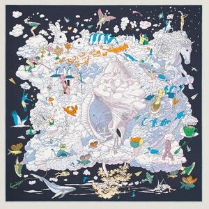 Hermes Sur Mon Nuage silk scarf 90 in Bleu Noir / Mauve / Multicolore